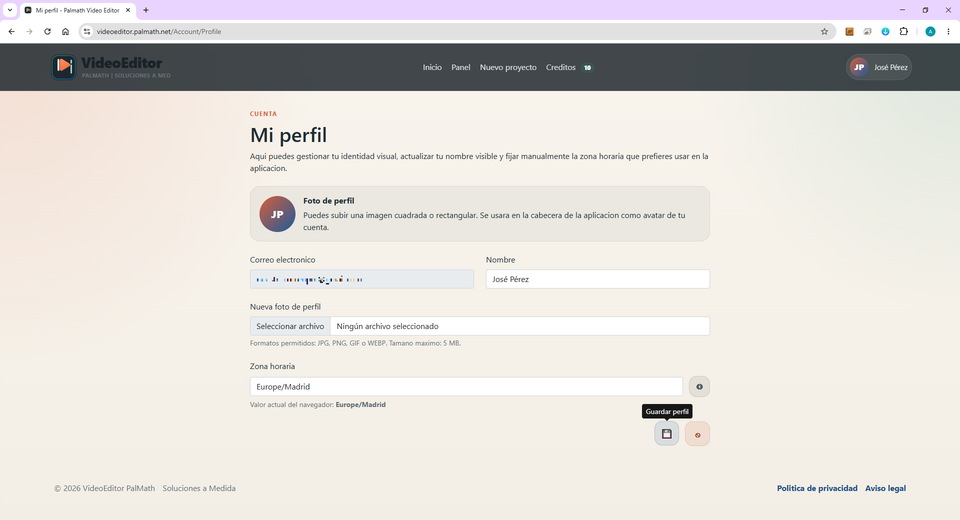 Pantalla de perfil de usuario