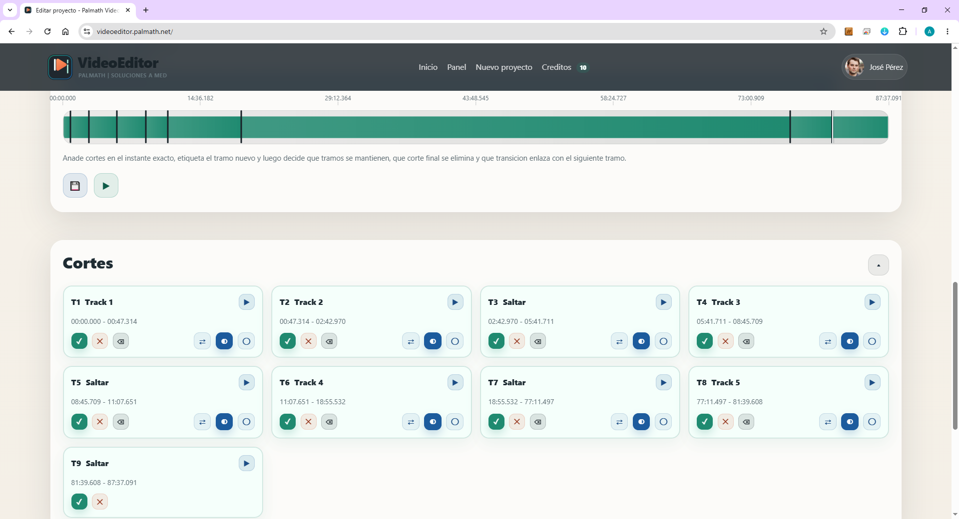 Tramos del proyecto con etiquetas y transiciones